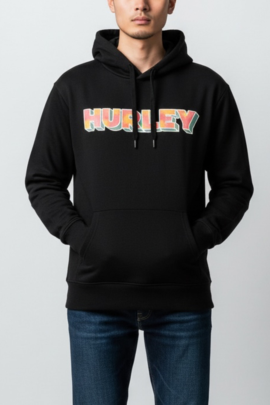Hurley Hoodie Size L Black Graphic Pullover Sweatshirt
